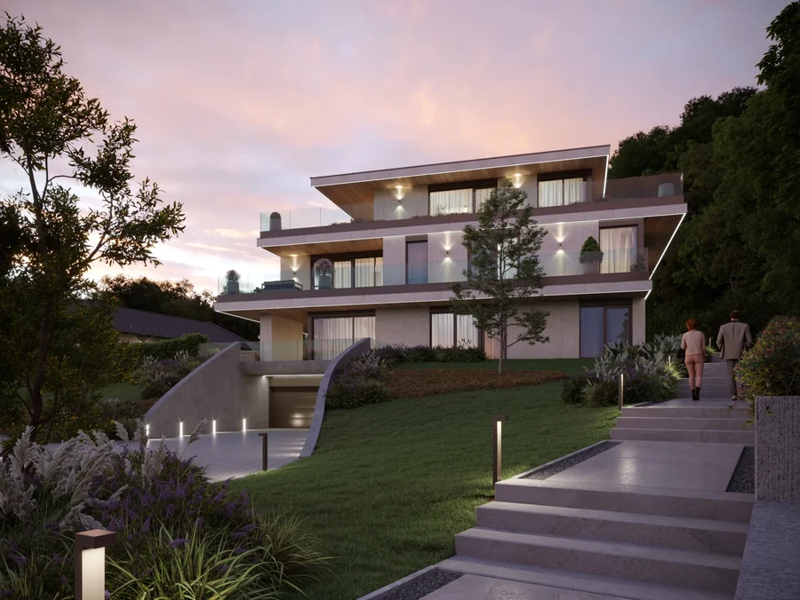 Páfrány Boutique Residences — épület naplementében